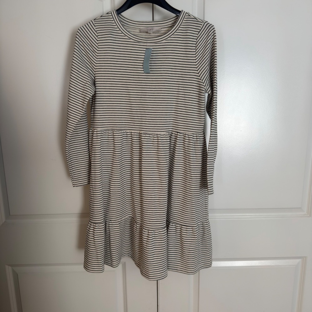 LOFT Petites Striped Long Sleeve Tiered Swing Dress Cream Black Small Petite NWT